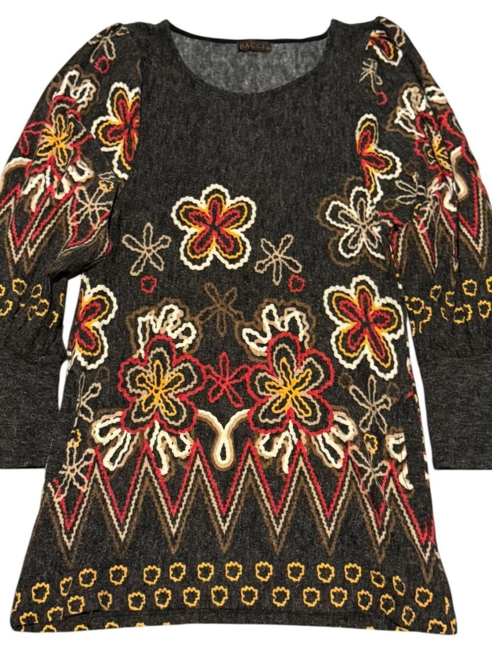 Bacci Boho Floral Embroidered Sweater Dress Tunic size Med Gray Knit Long Sleeve